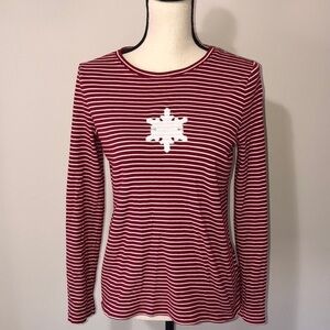 Talbots Pima Cotton Christmas Snowflake Red Striped White Top M Long Sleeve